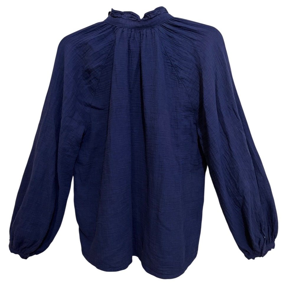 H&M Blouse Small Navy Blue Cotton Gauze Ruffle Neck Balloon Sleeve Boho Cottage - Picture 5 of 10